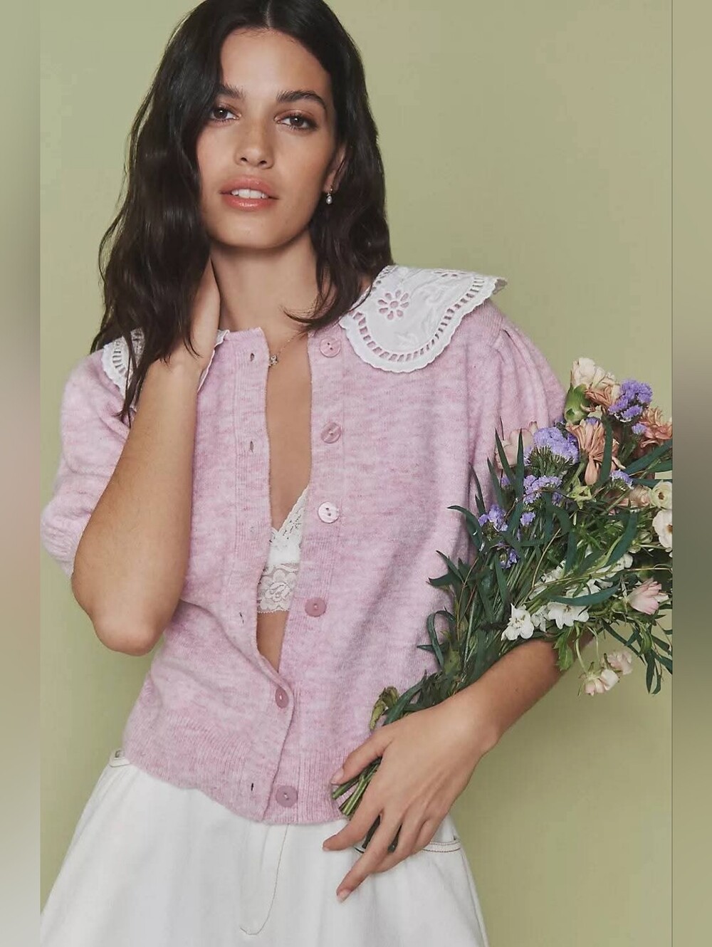 Anthropologie English Factory Puff Sleeve Peter Pan Collar Cardigan Pink Size M - Picture 7 of 9